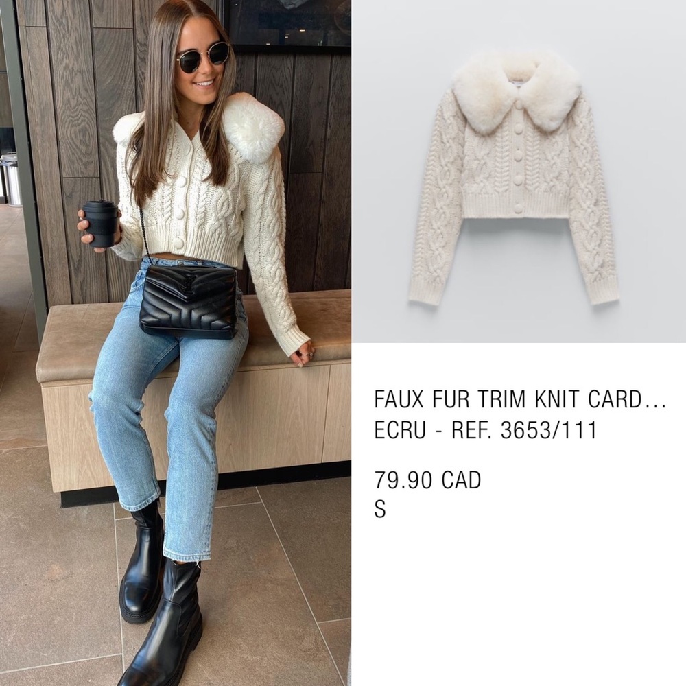 ZARA Faux fur trim knit cardigan